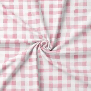 detal tkaniny w różowo-białą kratkę pokazany zbliżeniem i zmięty materiał
