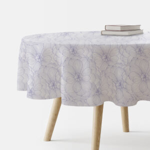 Okrągły obrus z lawendowym, delikatnym motywem kwiatowym na stole