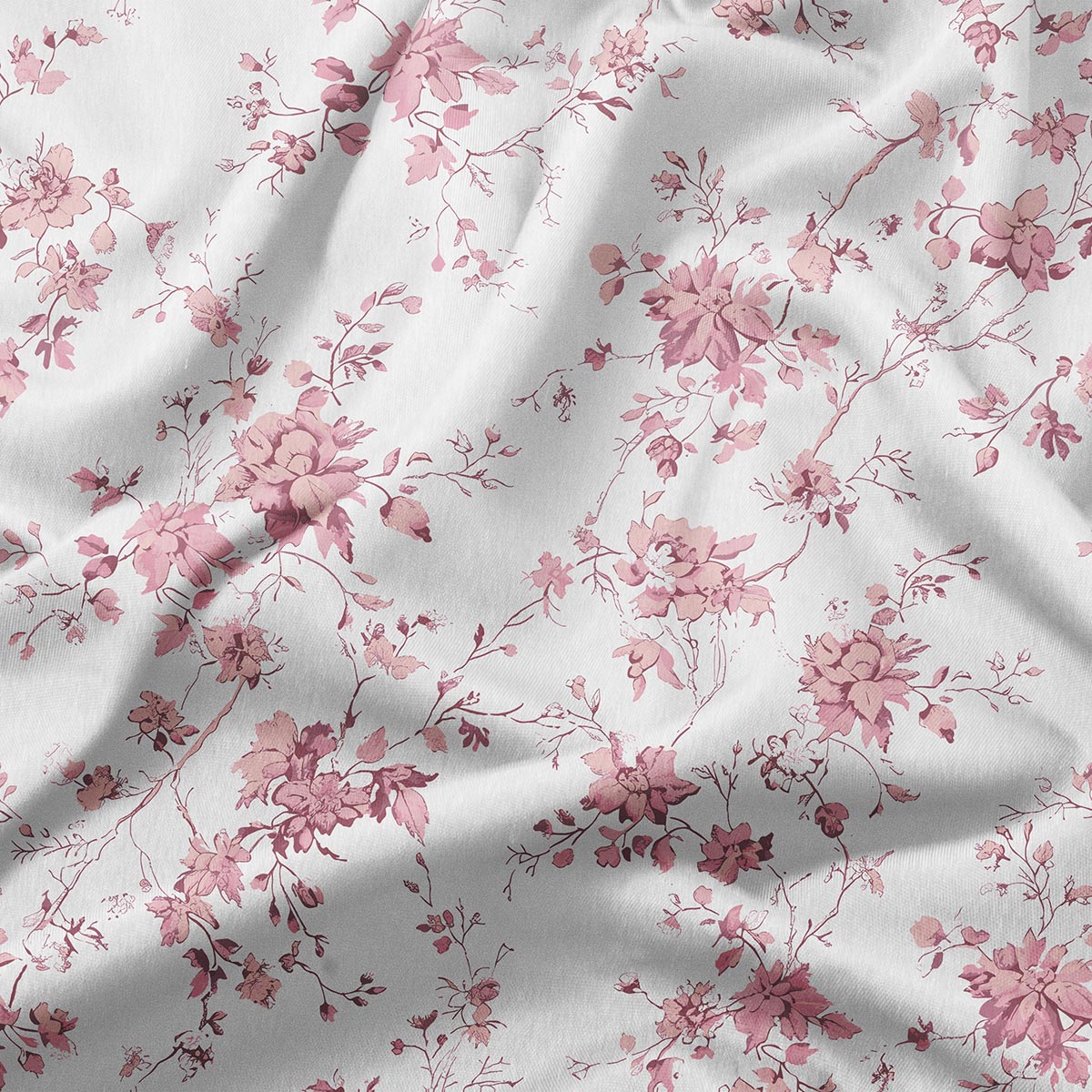 zbliżenie tkaniny z różowymi kwiatami i gałązkami, faktura i detale wzoru