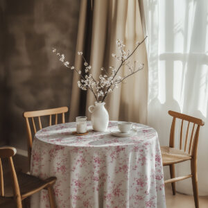 aranżacja stołu z obrusem, wazon z gałązkami i filiżanka w przytulnym wnętrzu