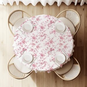 widok z góry na okrągły stół nakryty obrusem z różowym motywem, ustawienie na cztery osoby