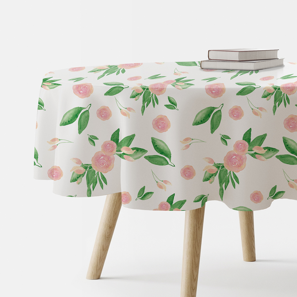 okrągły obrus z akwarelowymi różyczkami i zielonymi listkami na białym tle