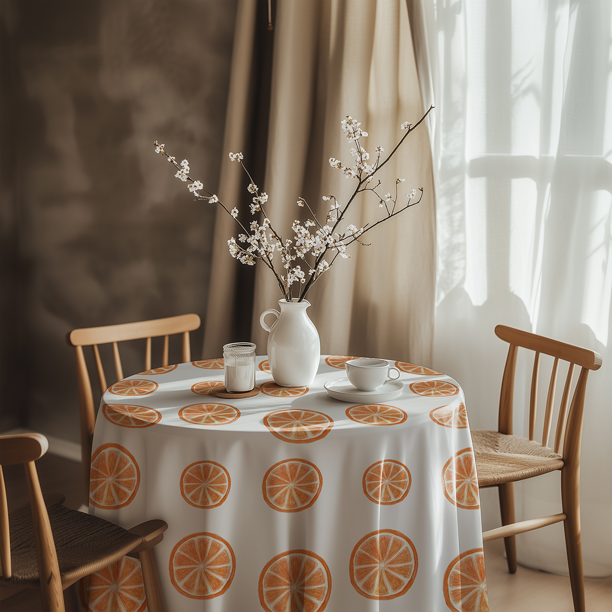 aranżacja stołu z wazonem i filiżanką na obrusem z motywem pomarańczy
