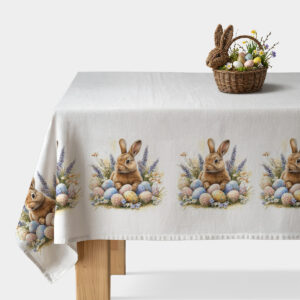 obrus rozłożony na stole z motywem brązowego zająca i pastelowych pisanek oraz koszyk wielkanocnych dekoracji