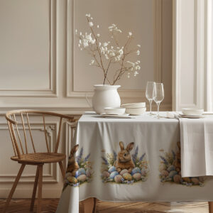 boczna perspektywa pokazująca powtarzający się motyw zająca i pisanek przy eleganckim stole