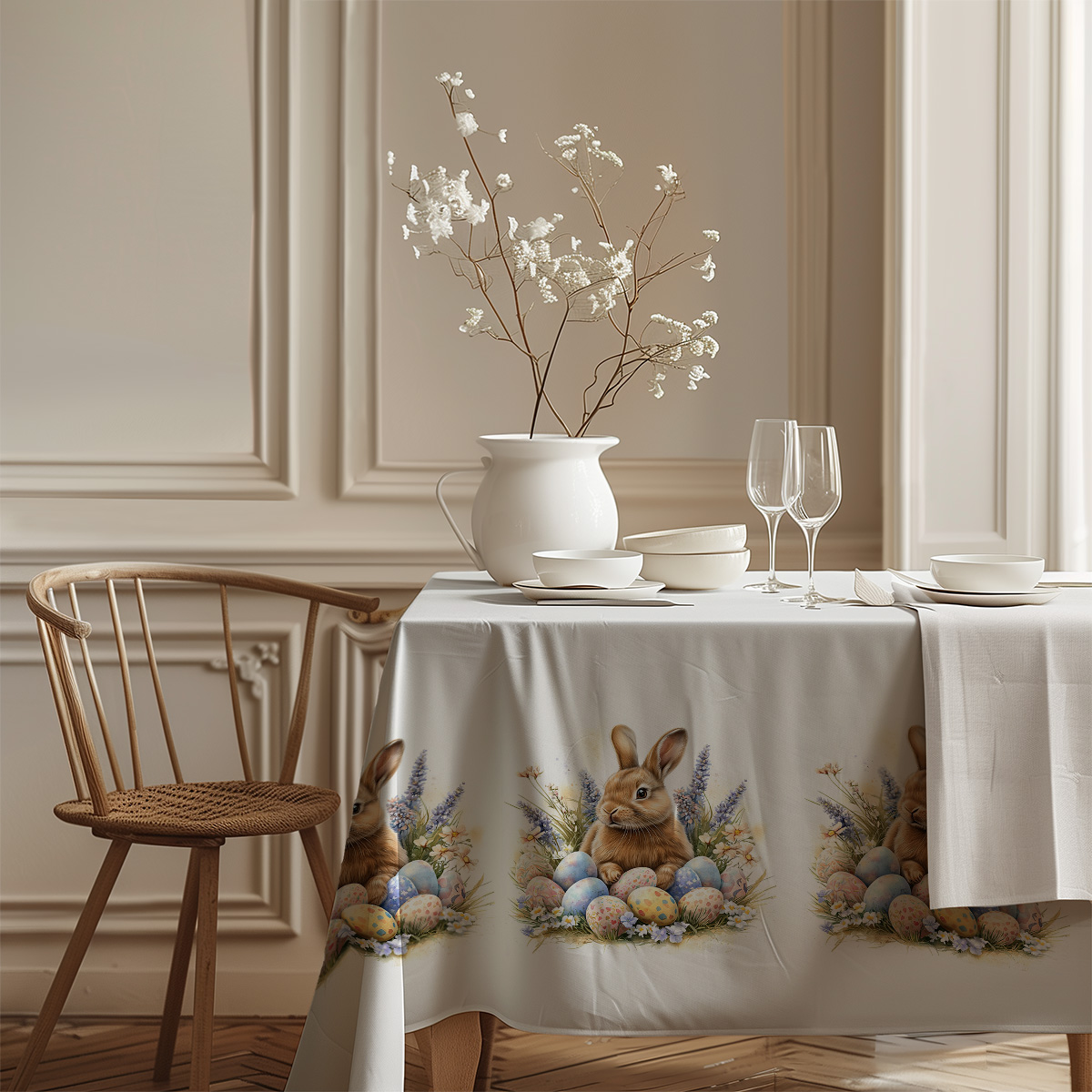 boczna perspektywa pokazująca powtarzający się motyw zająca i pisanek przy eleganckim stole