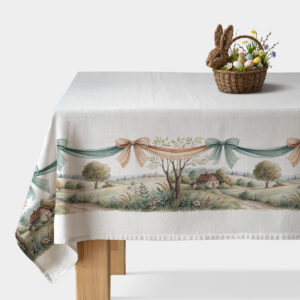 obrus z akwarelowym pejzażem i pastelowymi kokardami na białym tle