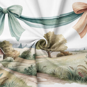 zbliżenie tkaniny z nadrukiem kokardy i drzewa w stylu akwareli