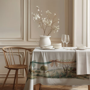 brzeg obrusa z motywem wiejskiego krajobrazu, kwiatów i wstęg