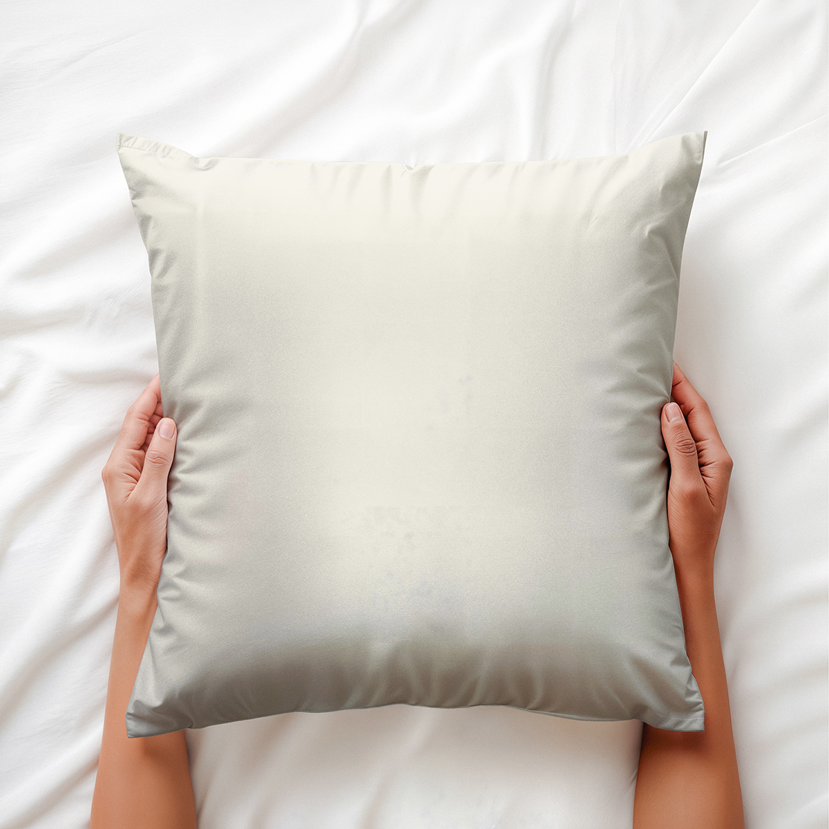 Dłonie trzymające kremową poduszkę na pościeli widok z góry