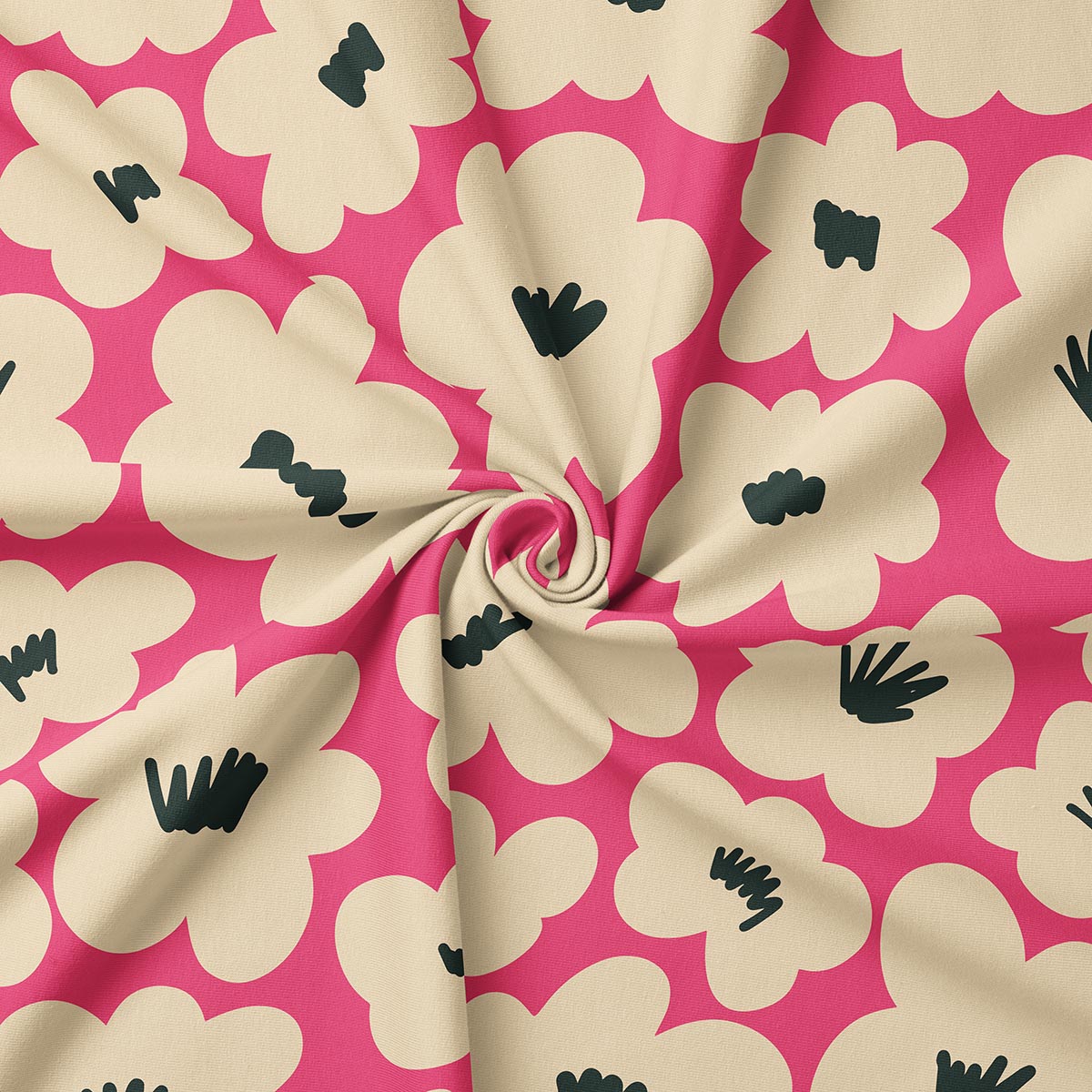 Zbliżenie tkaniny z kremowymi kwiatami i ciemnymi środkami na malinowym tle