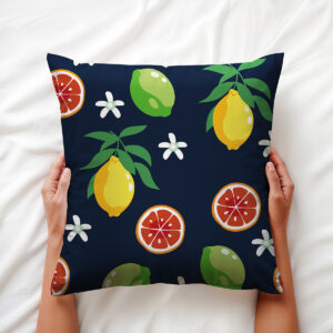 Detale wzoru: żółta cytryna, zielona limonka i plasterki grejpfruta z białymi kwiatami