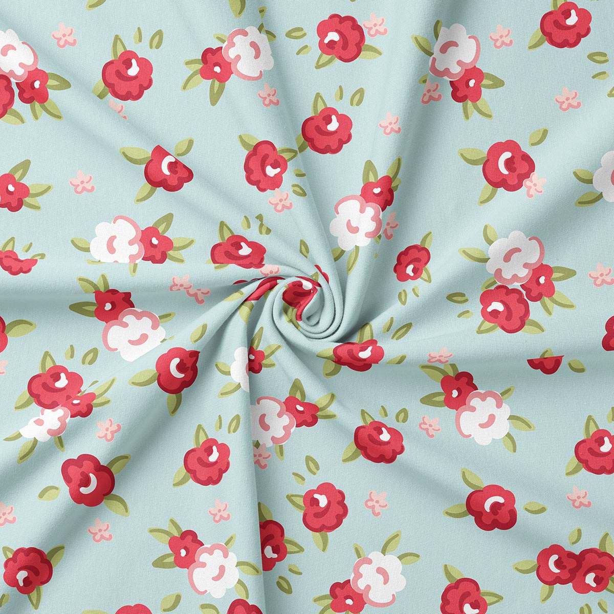 Zbliżenie na fakturę tkaniny i rozmieszczenie drobnych czerwonych i białych kwiatów