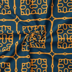 Zbliżenie na materiał i musztardowy wzór, detal geometrycznego nadruku