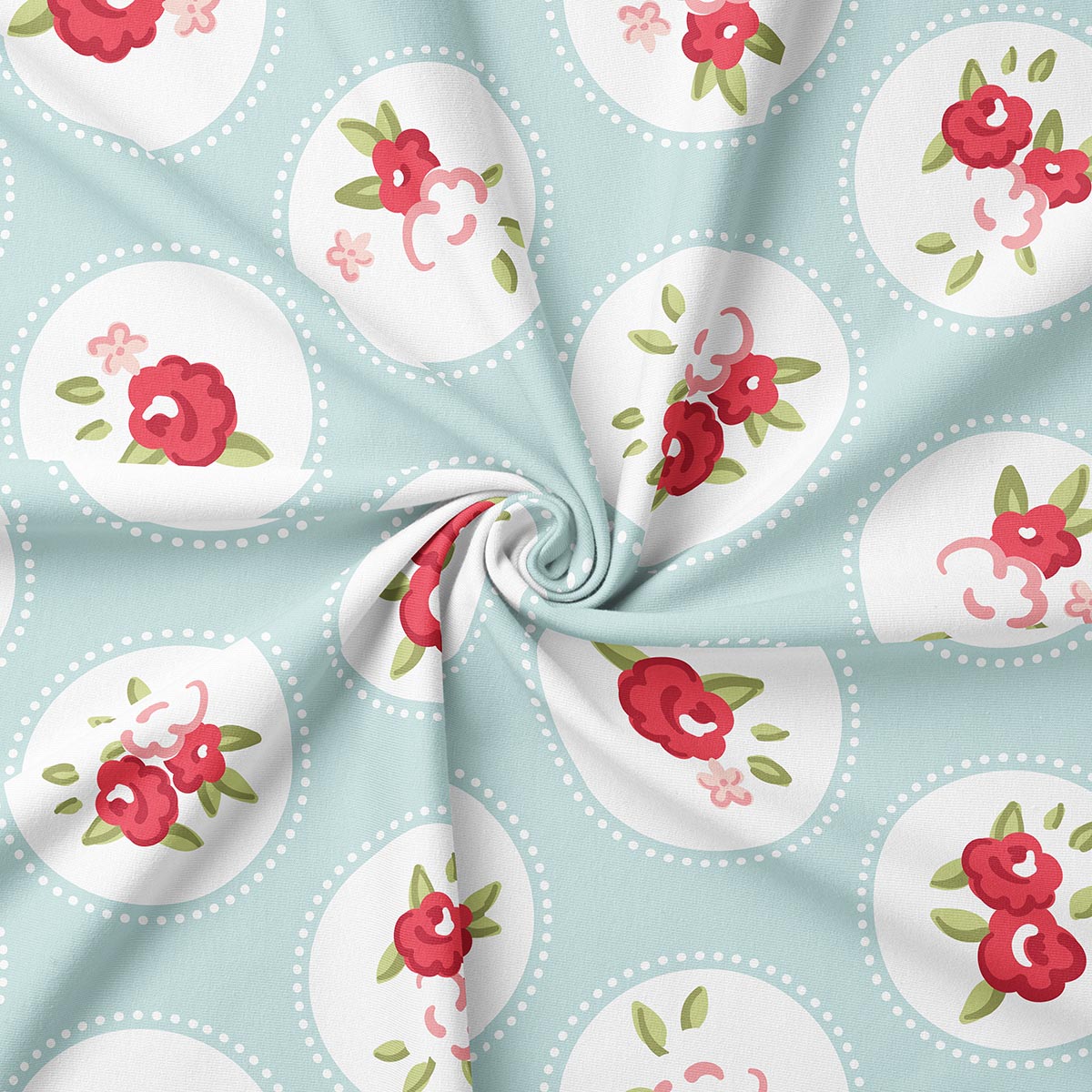 Zbliżenie materiału pokazujące strukturę tkaniny i wzór różowych kwiatów w medalionach