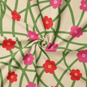 Zbliżenie na fakturę materiału i wzór z zielonymi liniami oraz czerwonymi i różowymi kwiatuszkami