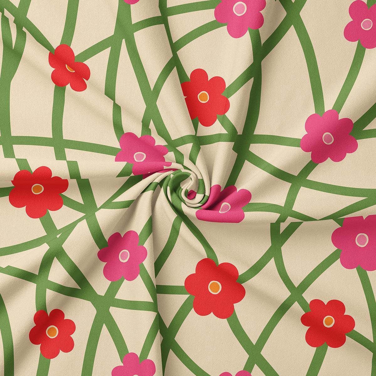 Zbliżenie na fakturę materiału i wzór z zielonymi liniami oraz czerwonymi i różowymi kwiatuszkami