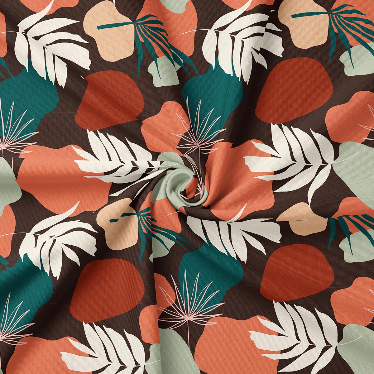 Zbliżenie na wzór i strukturę tkaniny z organicznymi plamami i liśćmi