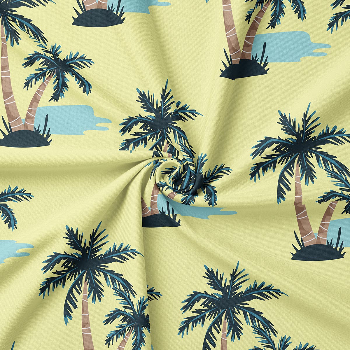 Zbliżenie na wzór palm i teksturę tkaniny z efektem skręcenia materiału