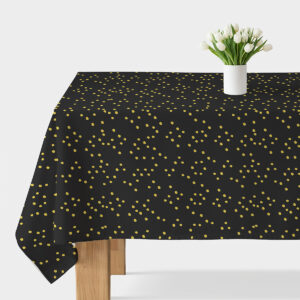 obrus czarny z rozsypanymi złotymi kropkami, główne ujęcie z wazonem tulipanów