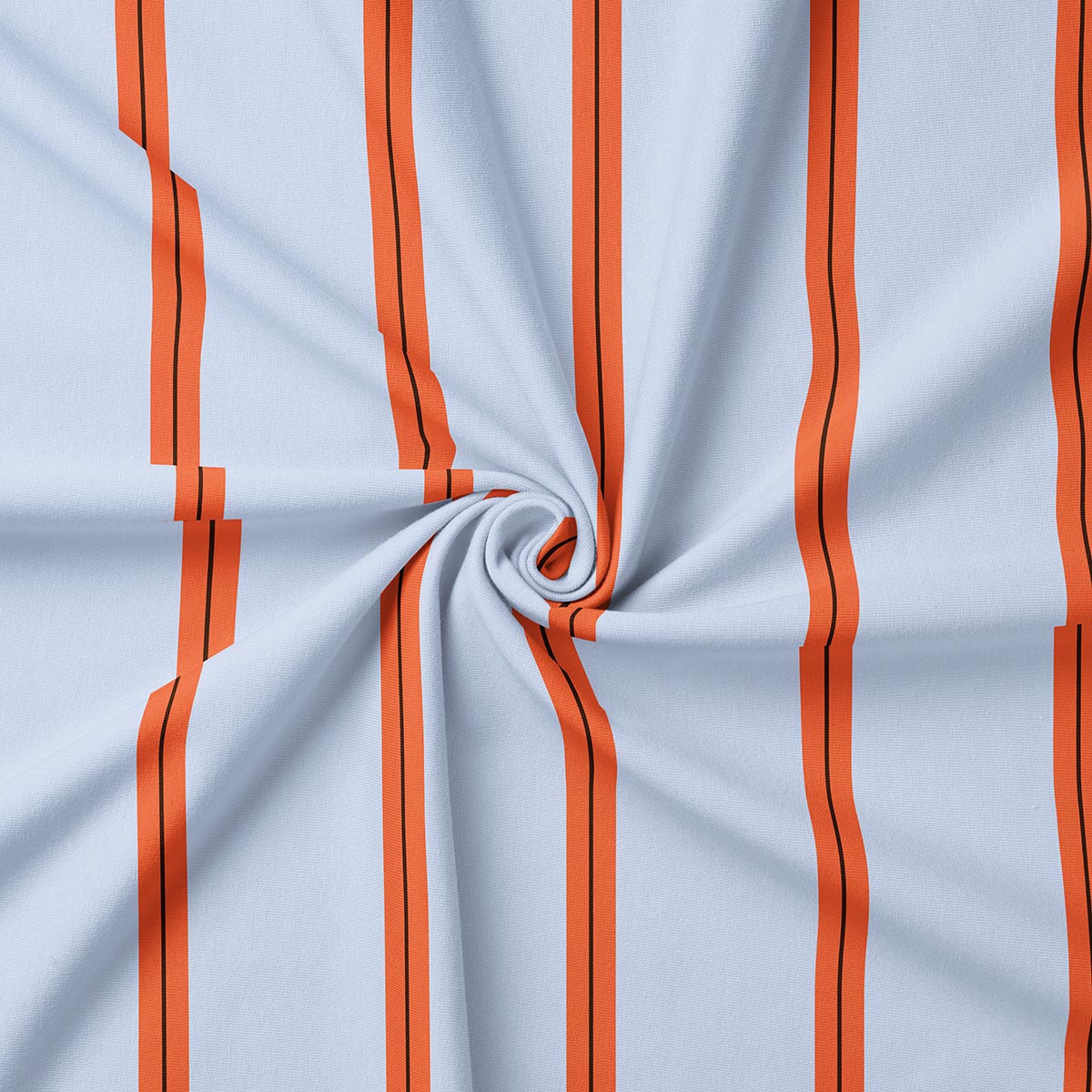 Zbliżenie materiału obrusu pokazujące pionowe pomarańczowe pasy i fakturę tkaniny