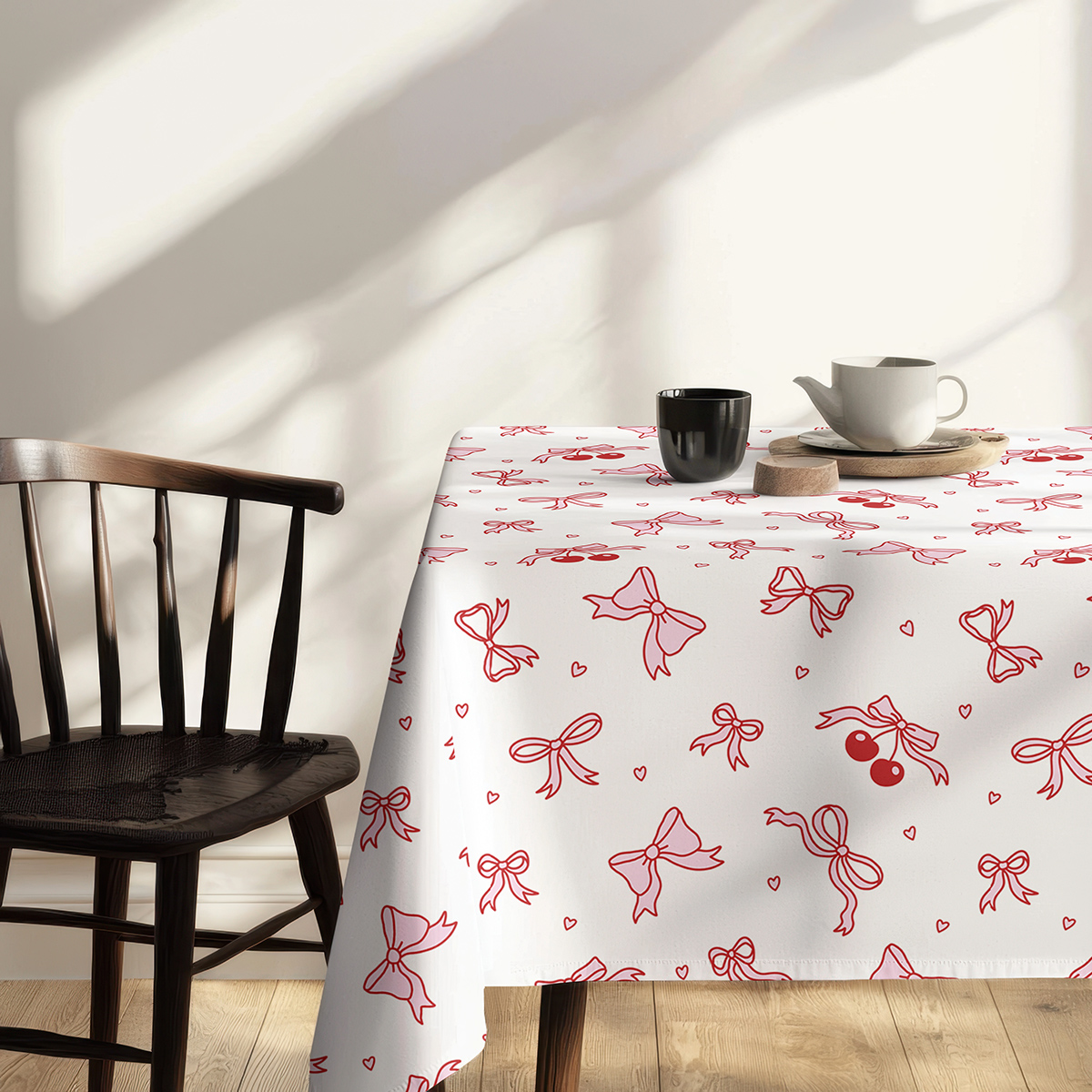 narożnik stołu z krzesłem i detalem wzoru kokardek oraz małych serduszek