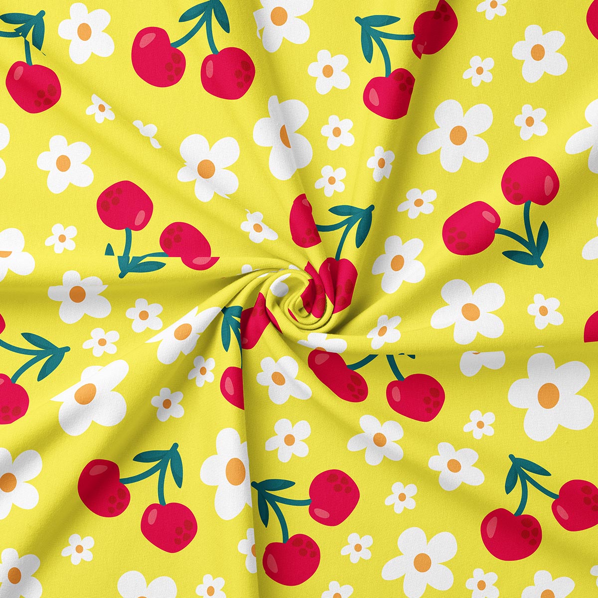 Zbliżenie na wzór z wiśniami i stokrotkami ukazujące wyrazisty nadruk