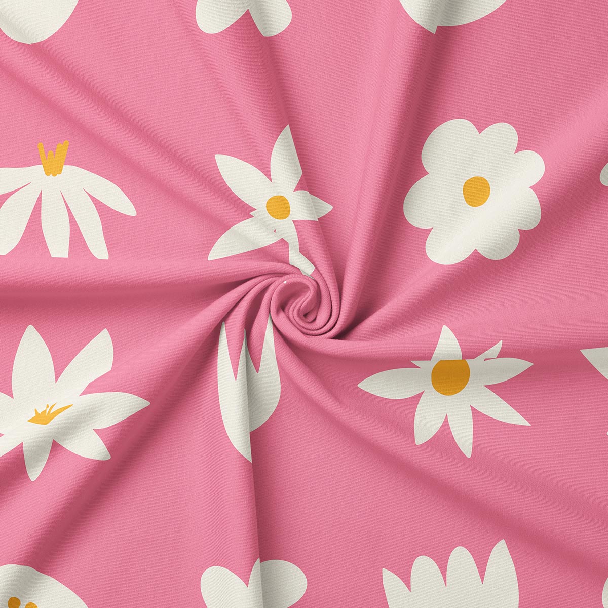 Zbliżenie na tkaninę z białymi kwiatami na różowym tle pokazujące fakturę materiału