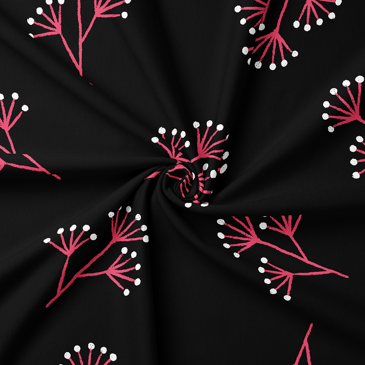 Zbliżenie na tkaninę z różowymi gałązkami i białymi kropkami, widoczna struktura materiału