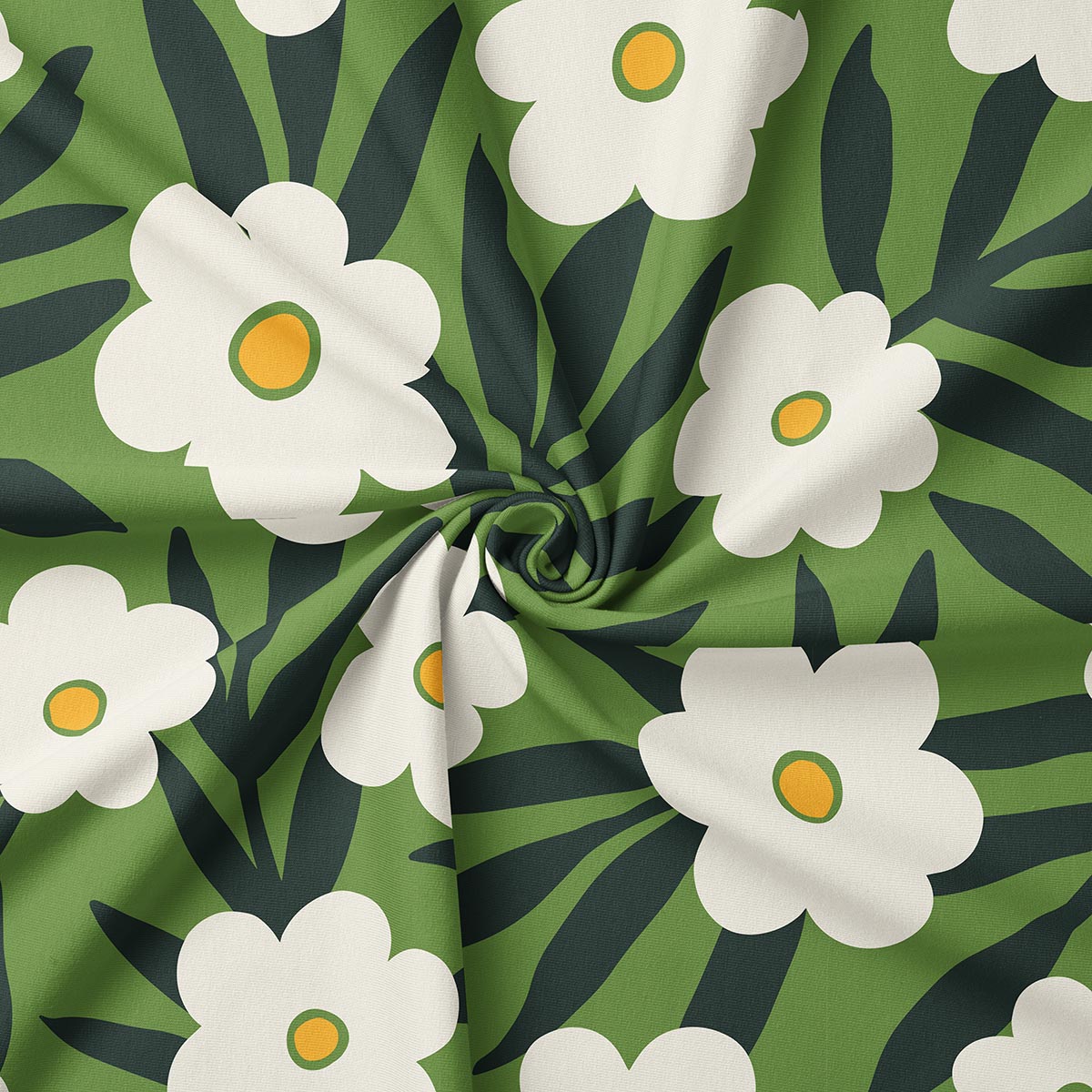 Zbliżenie materiału z białymi kwiatami i ciemnozielonymi liśćmi, detal wzoru