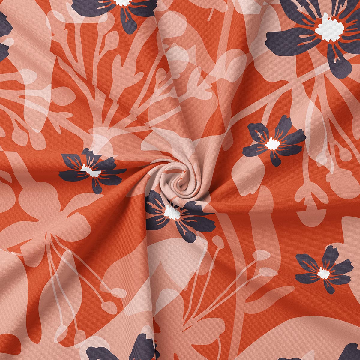 Zbliżenie tkaniny pokazujące fakturę i warstwowe, różowawe liście na ceglastym tle