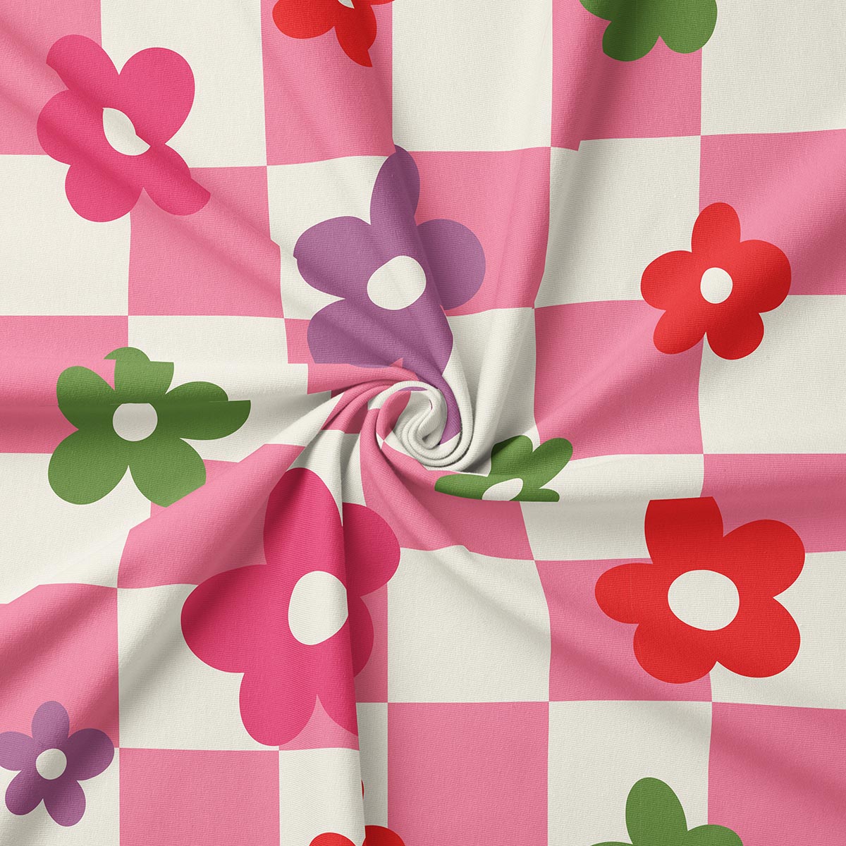 Zbliżenie na fakturę tkaniny i wzór kwiatów na różowej kratce