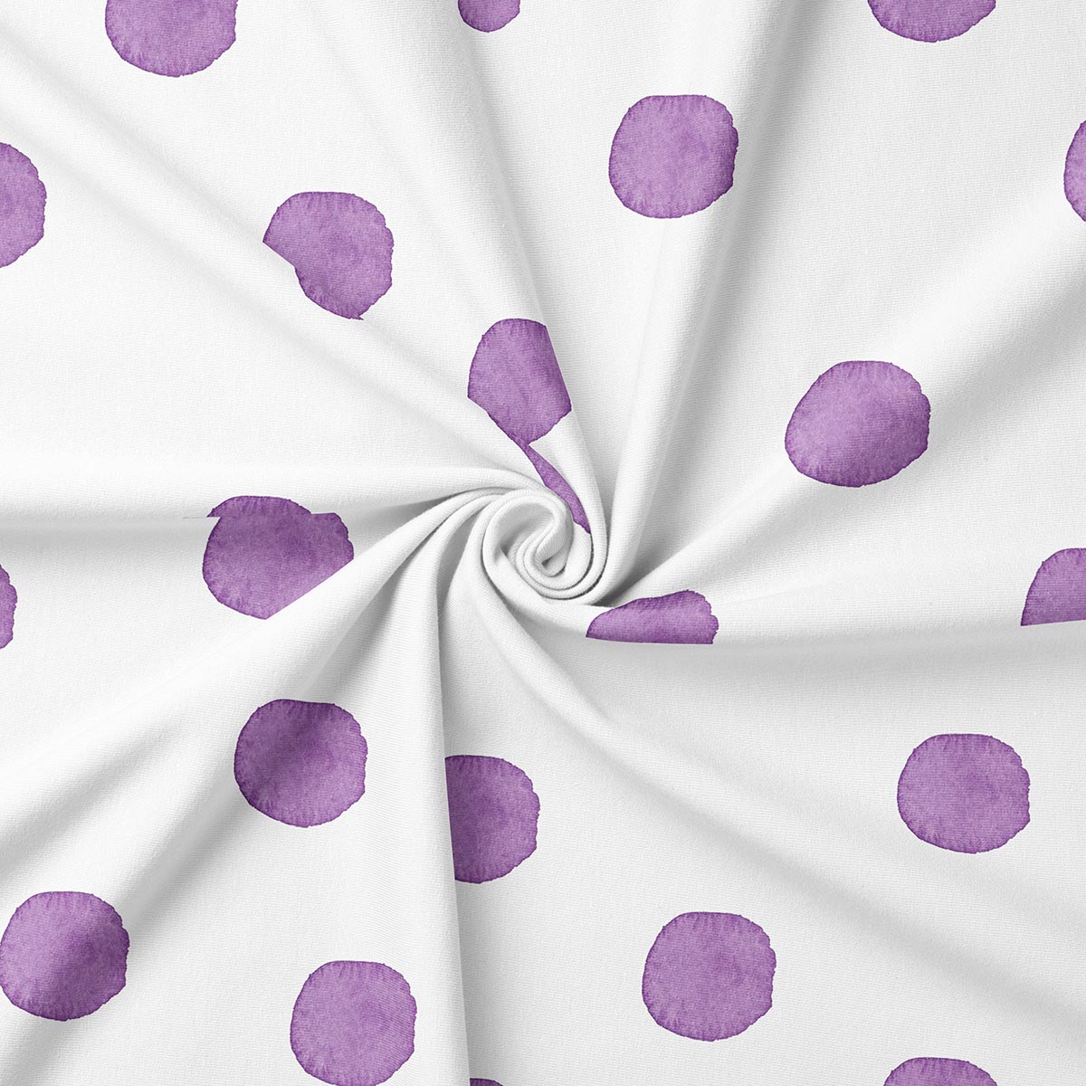 zbliżenie na tkaninę pokazujące nieregularne plamy fioletowej akwareli i strukturę materiału