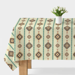 Główne ujęcie obrusa z etnicznym wzorem rombów i turkusowymi pasami