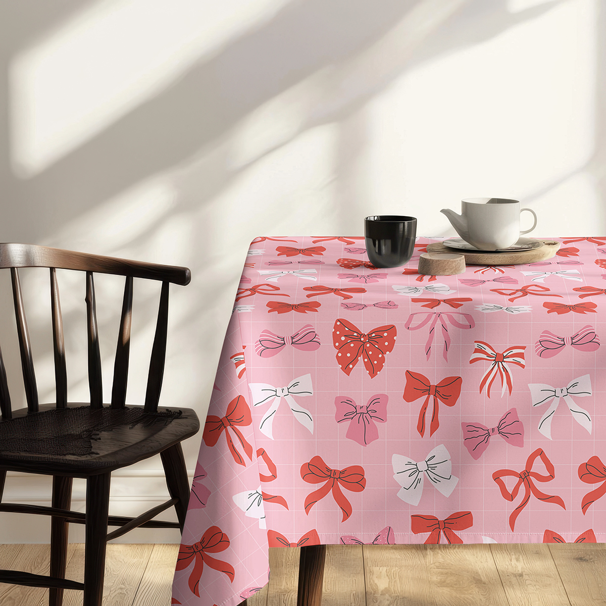 Widok rogu stołu z powtarzającym się motywem kokardek