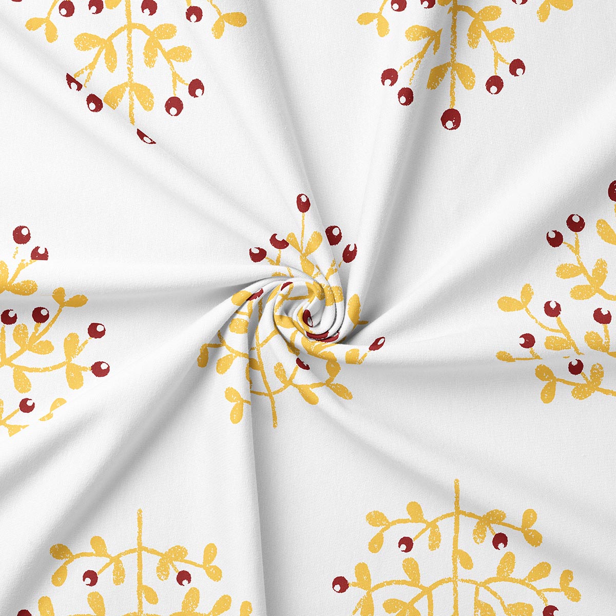 zbliżenie na strukturę tkaniny i drukowany motyw gałązki z jagodami