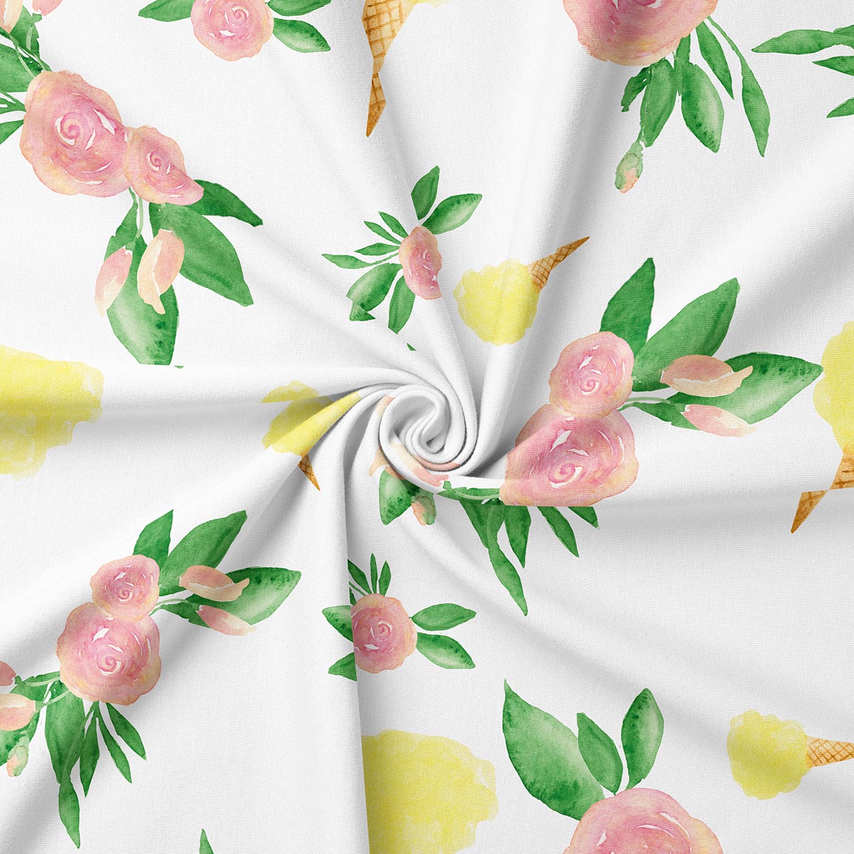 Zbliżenie na tkaninę z akwarelowym wzorem róż i rożków lodów, detal nadruku i faktury