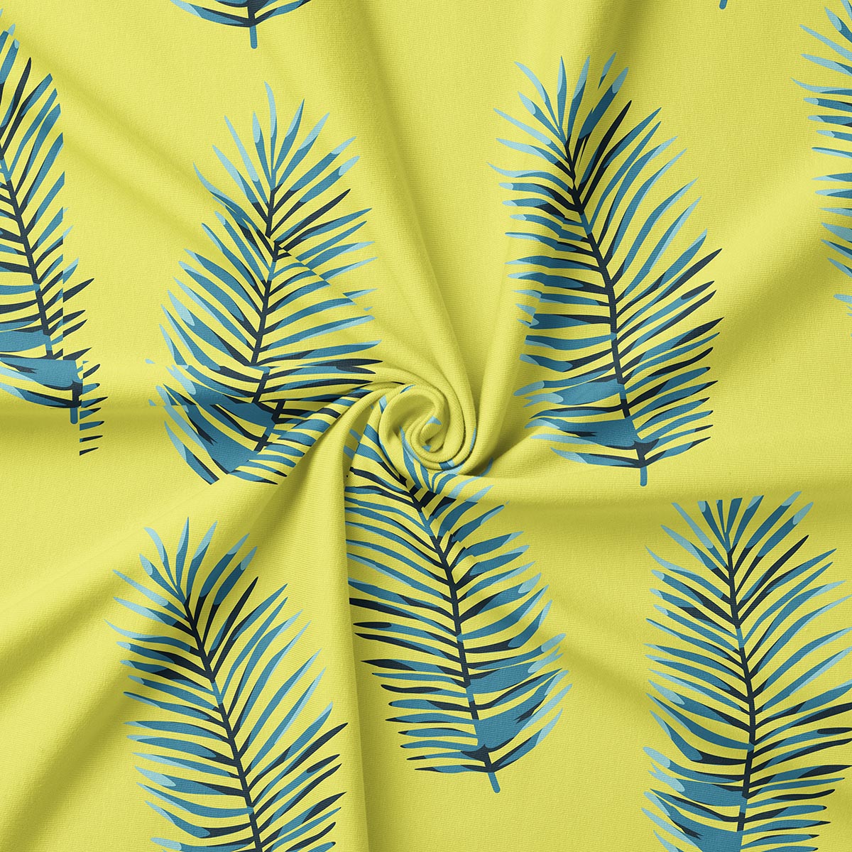 Zbliżenie na tkaninę pokazujące detal nadruku liści palmowych i strukturę materiału