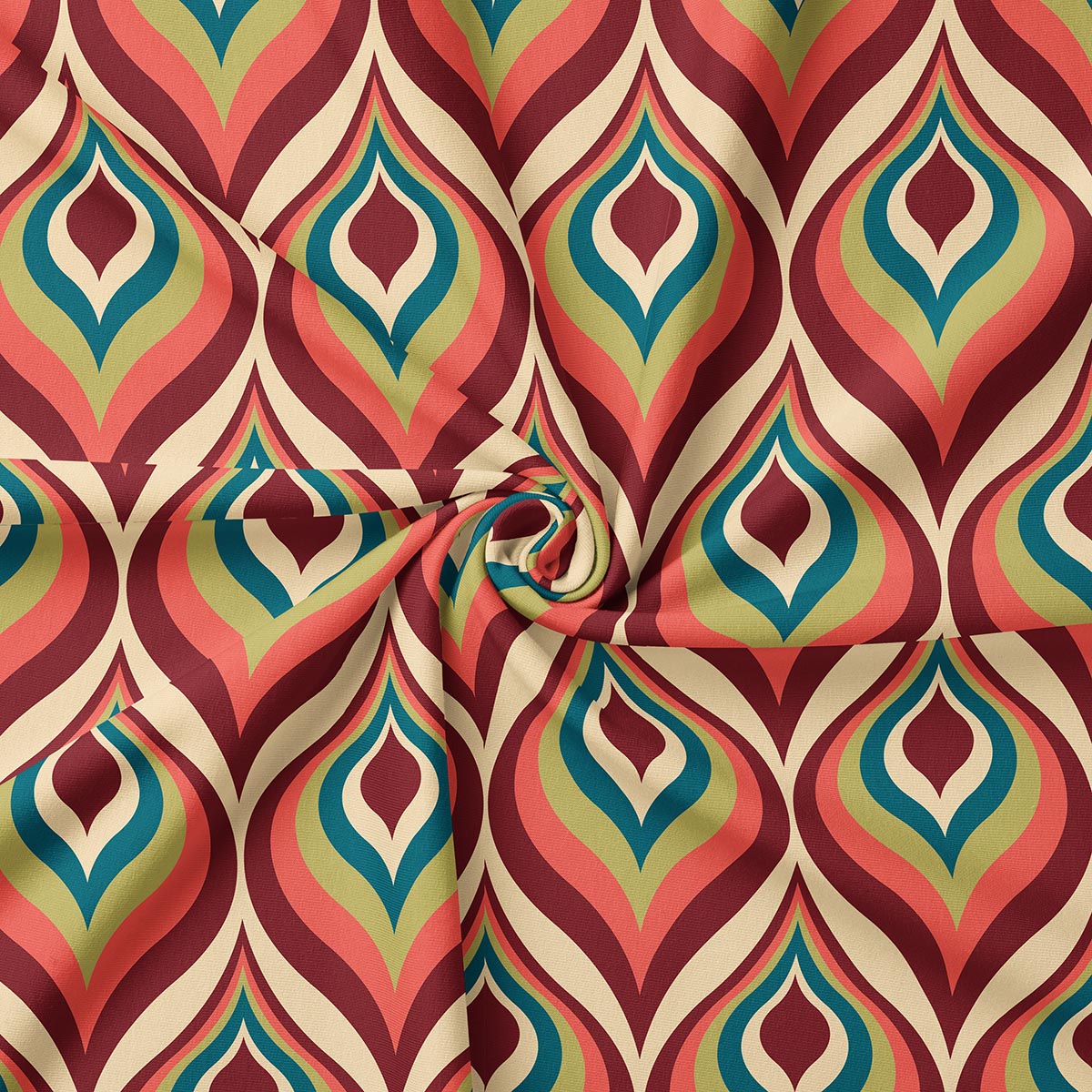 detal materiału pokazujący kolorowe łezki i fakturę tkaniny