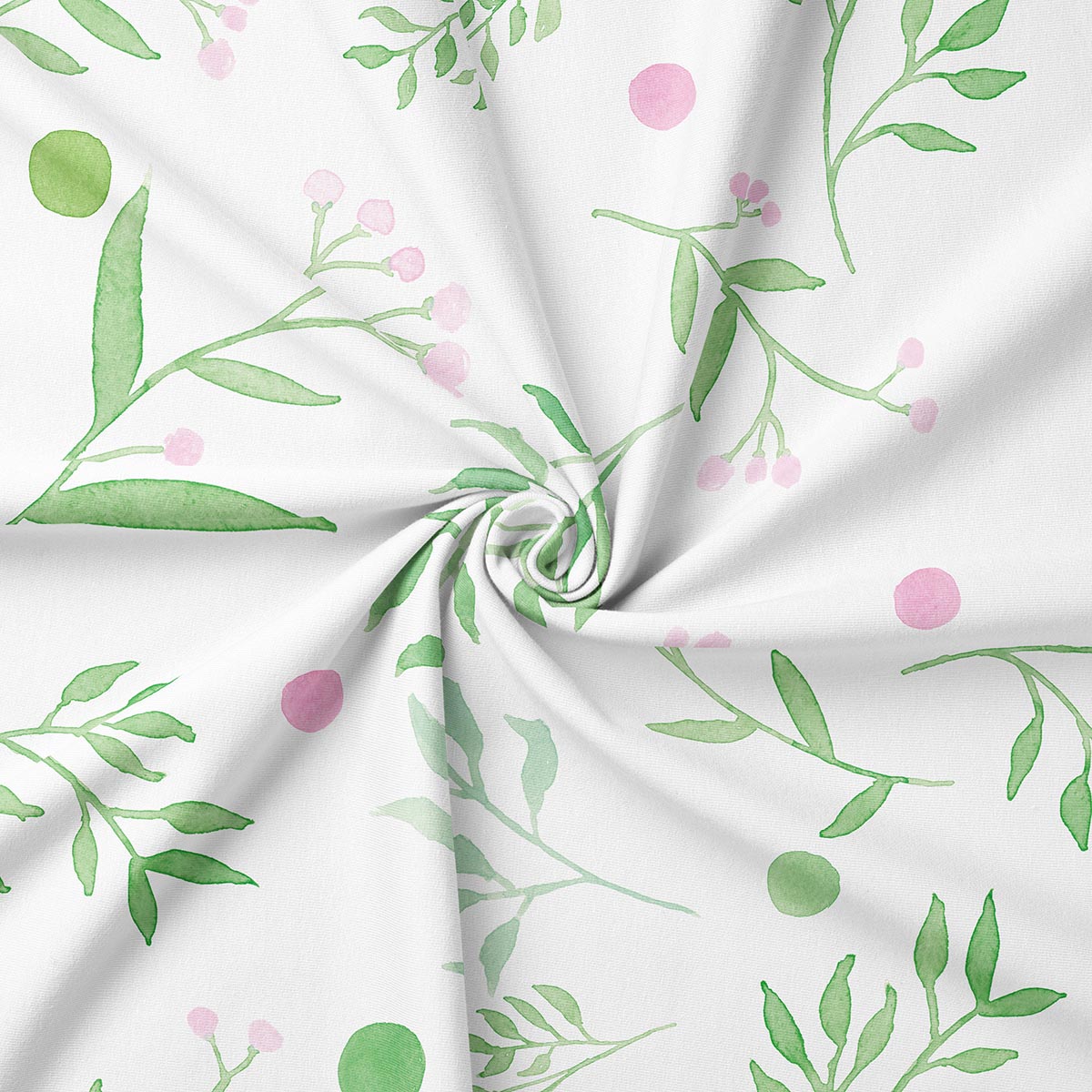 zbliżenie na tkaninę obrus z akwarelowym motywem gałązek i drobnymi różowymi kropkami