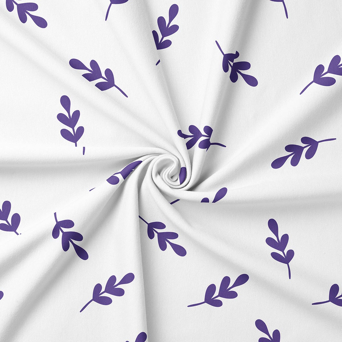 zbliżenie na materiał obrusa z fioletowym motywem gałązek i widoczną fakturą tkaniny