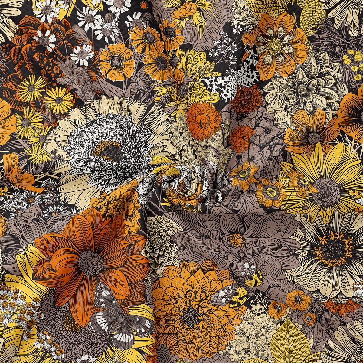 Zbliżenie na gęsty kwiatowy wzór z motylami i detalami linii