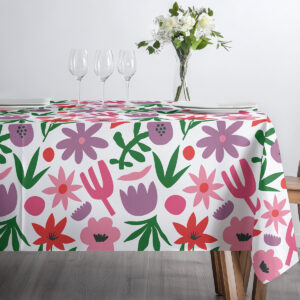 Widok z przodu na obrus z powtarzającym się, energetycznym wzorem kwiatowym na białym tle