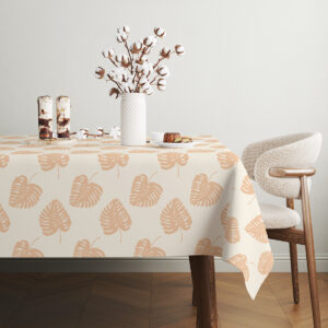 perspektywa stołu pokazująca układ liści na powierzchni obrusa