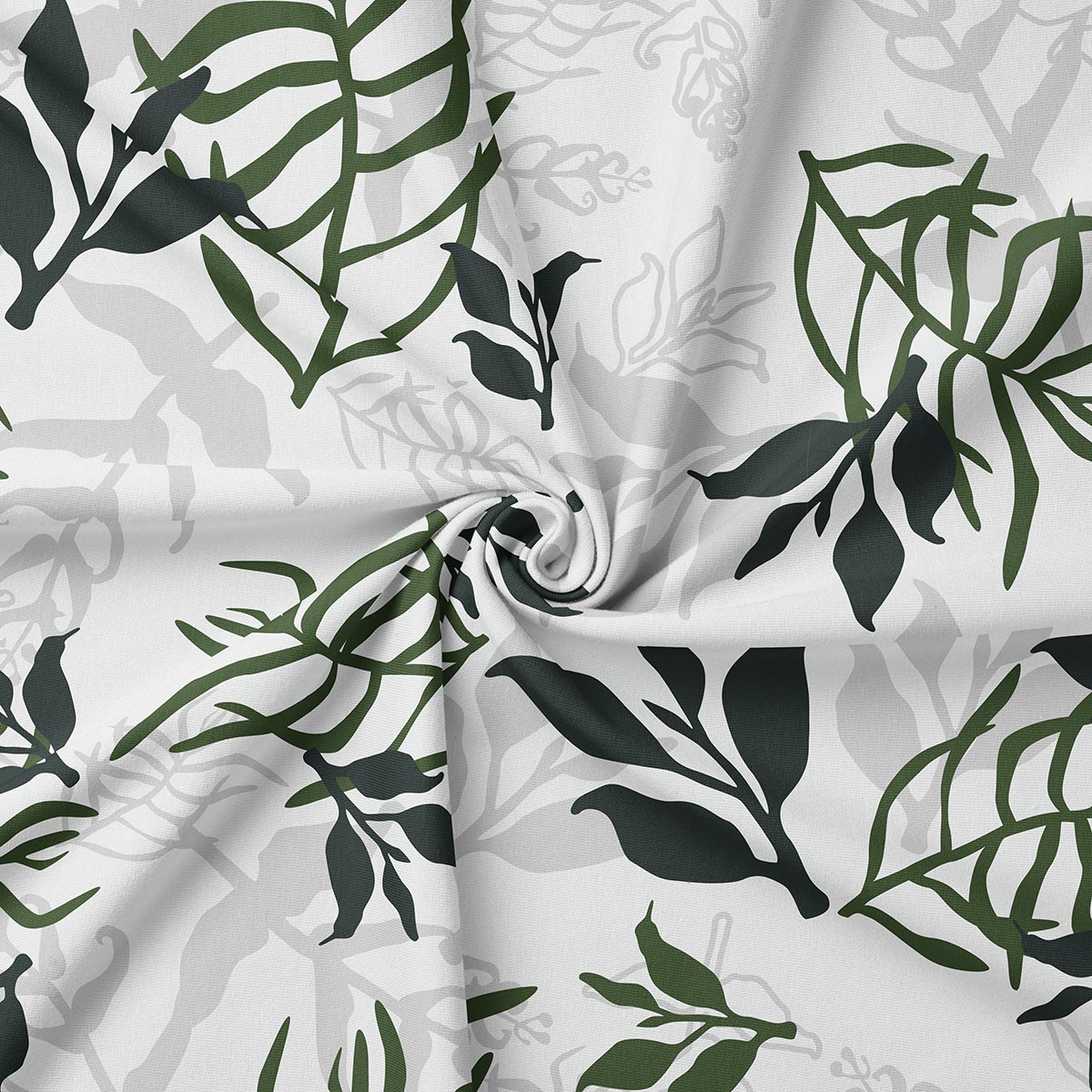 Zbliżenie na fakturę tkaniny i szczegóły liściastego nadruku w odcieniach zieleni