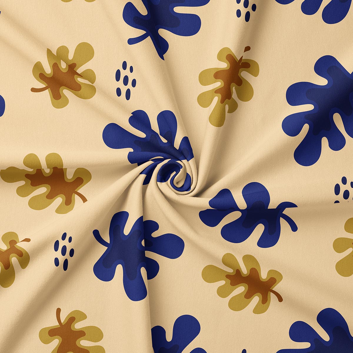 zbliżenie tkaniny pokazujące strukturę materiału i detale liściastego nadruku