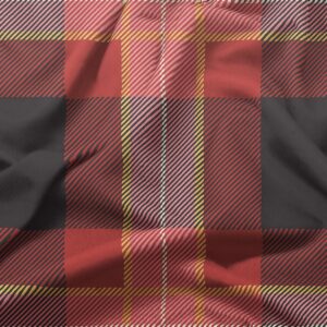 Zbliżenie na tkaninę z tartanową kratą i detal nici, faktura materiału