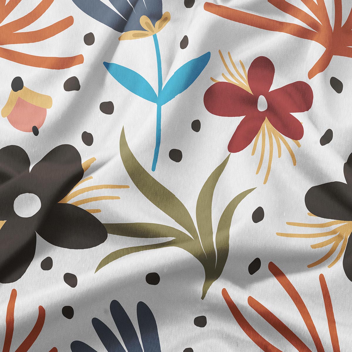 zbliżenie na detal nadruku z czerwonymi i niebieskimi kwiatami oraz drobnymi plamkami