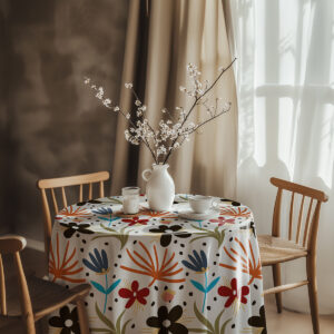 aranżacja stołu z wazonem i filiżanką na obrusie w wesoły kwiatowy wzór