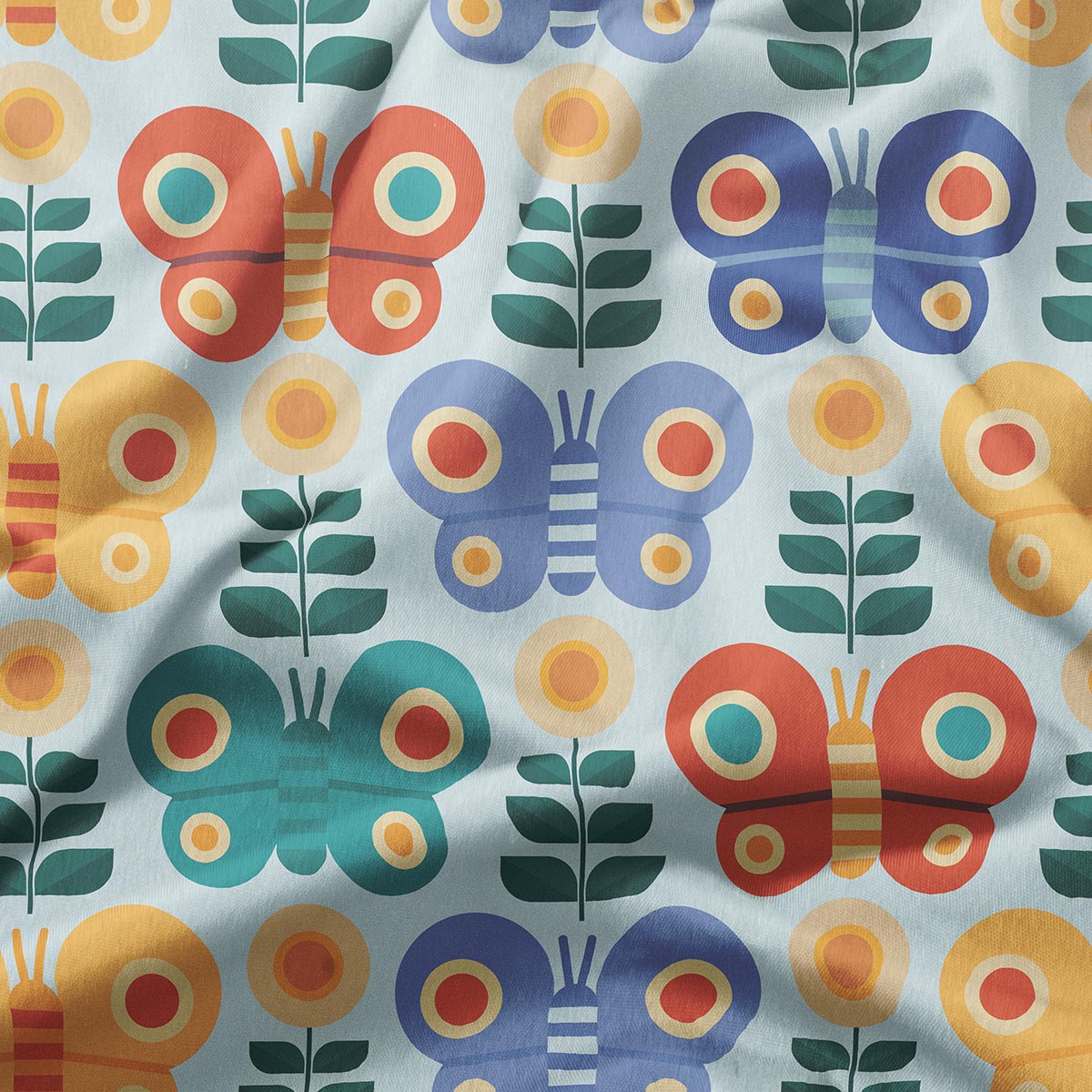 Zbliżenie na wzór z czerwonym, turkusowym i żółtym motylem oraz liśćmi